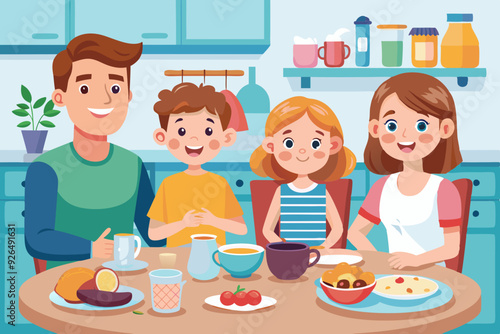 Happy family eating in the kitchen. Father, mother, son and daughter have breakfast at the table at home
