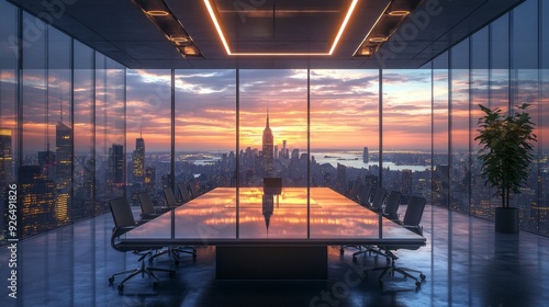 A luxurious conference room showcases a stunning sunset view over the city skyline, reflecting warm colors on the glossy table surface