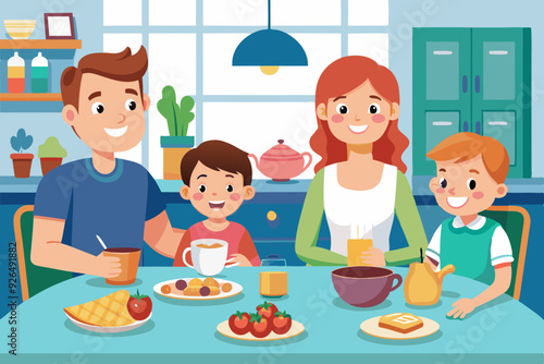 Happy family eating in the kitchen. Father, mother, son and daughter have breakfast at the table at home
