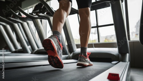 Close up of feet of person running on treadmill