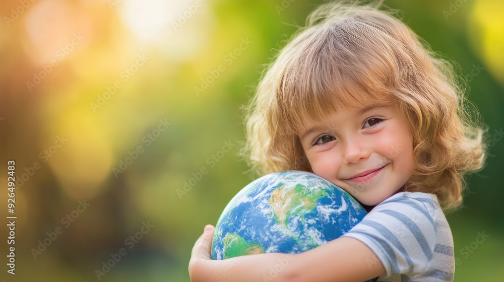A young child lovingly hugging a model of planet Earth, symbolizing environmental protection and a bright future, with a hopeful expression A young child lovingly hugging a model of planet Earth, symbolizing environmental protection and a bright future, with a hopeful expression