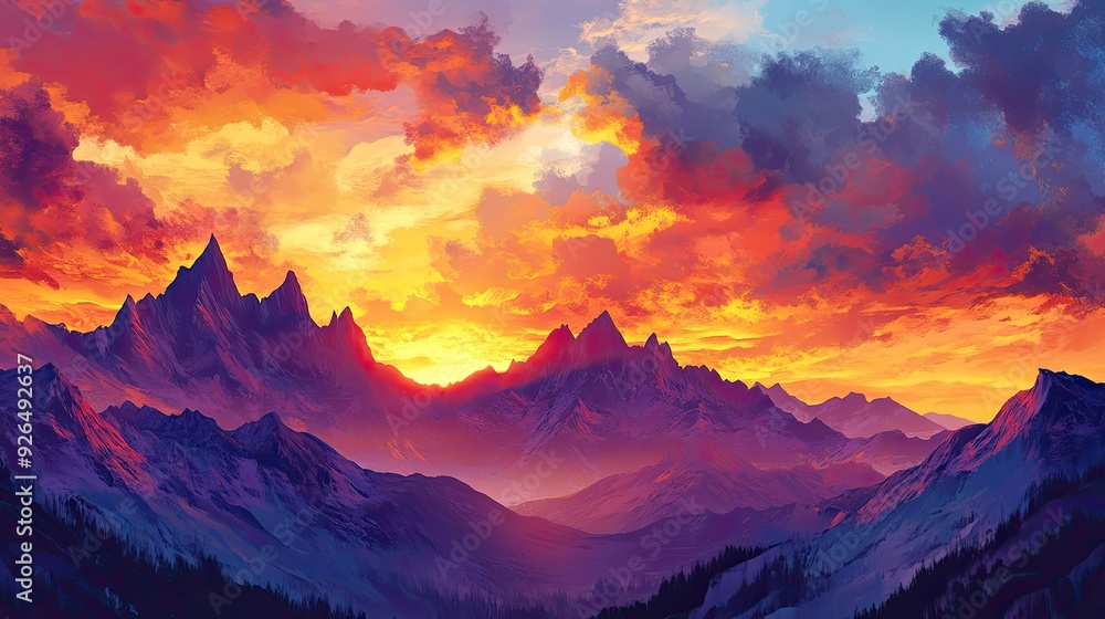 Dramatic sunset over a rugged mountain range, with the sky ablaze in vibrant colors and the peaks outlined in silhouette. Dramatic sunset over a rugged mountain range, with the sky ablaze in vibrant colors and the peaks outlined in silhouette.