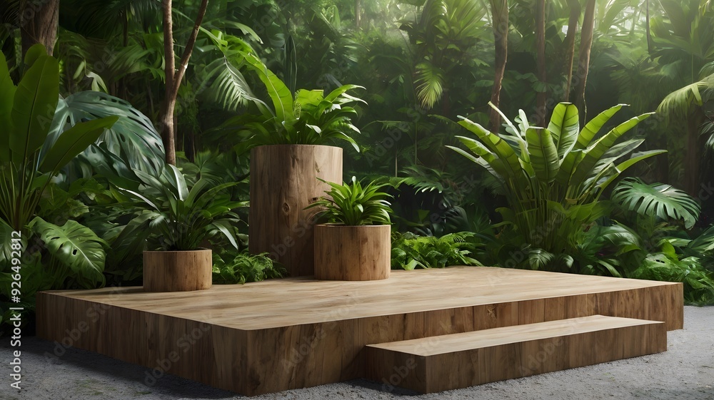 A serene indoor garden with circular platform and lush greenery in a tranquil, natural setting A serene indoor garden with circular platform and lush greenery in a tranquil, natural setting