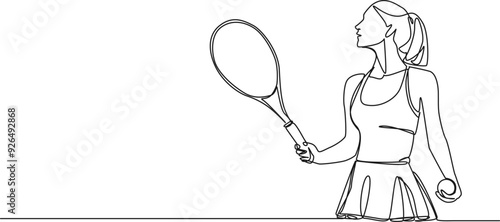 continuous single line drawing of female tennis player, line art vector illustration