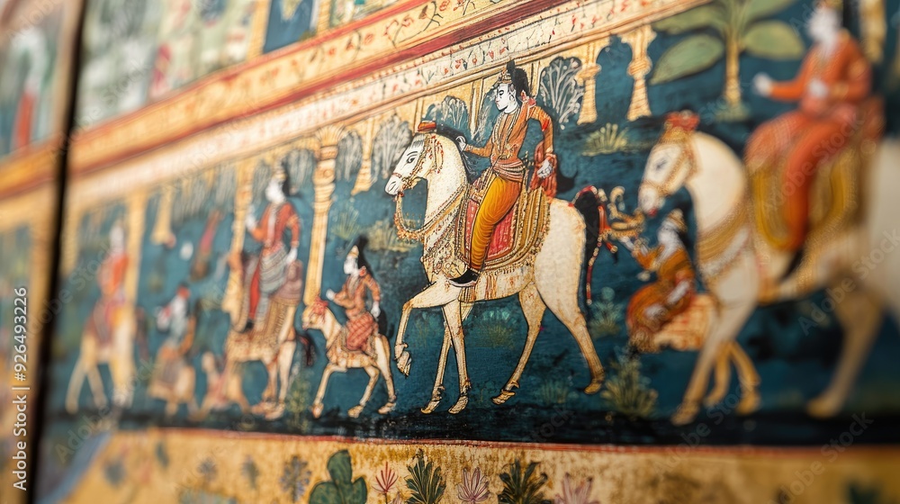 Obraz premium Focused shot of a hand-painted Indian miniature painting, with rich colors and fine brushwork visible in every detail.