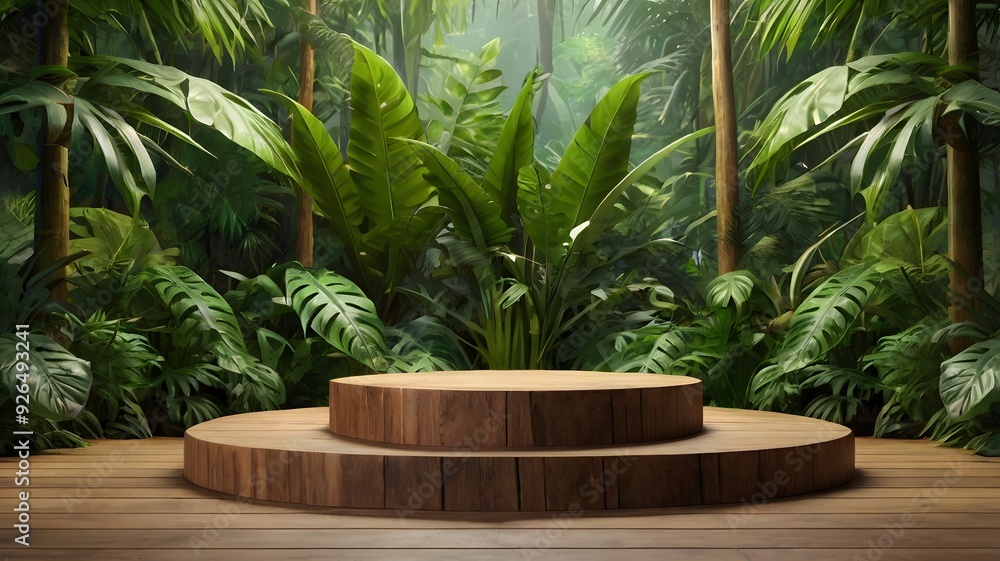 Fototapeta premium A serene indoor garden with circular platform and lush greenery in a tranquil, natural setting