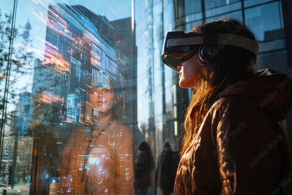 A person in a modern urban environment engaging with a holographic partner through an advanced communication device. The partner appears as a fully realized projection, reflecting the possibilities A person in a modern urban environment engaging with a holographic partner through an advanced communication device. The partner appears as a fully realized projection, reflecting the possibilities