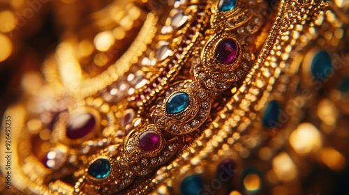 Focused view of a traditional Indian jewelry piece, capturing the intricate gold work and embedded gemstones.