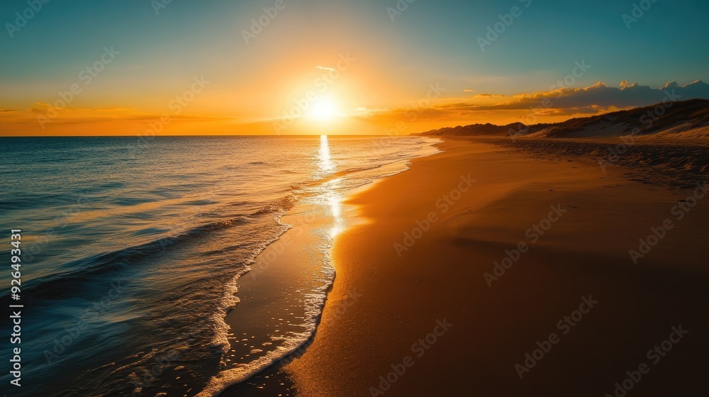 Fototapeta premium Golden sunset casting long shadows over a serene beach, with the sky transitioning from blue to warm orange.