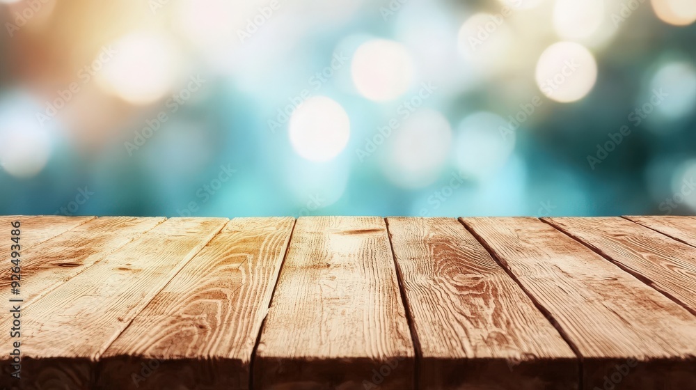 A wooden table with a blue background and a blurry background A wooden table with a blue background and a blurry background