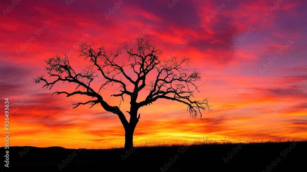 Incredible sunset with a silhouette of a lone tree against a fiery orange and pink sky, casting long shadows. Incredible sunset with a silhouette of a lone tree against a fiery orange and pink sky, casting long shadows.