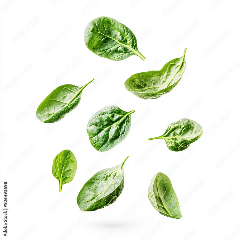 Fresh spinach leaves, floating gracefully in the air, with some leaves partially overlapping, creating a dynamic, healthy look, isolated on a white background Fresh spinach leaves, floating gracefully in the air, with some leaves partially overlapping, creating a dynamic, healthy look, isolated on a white background