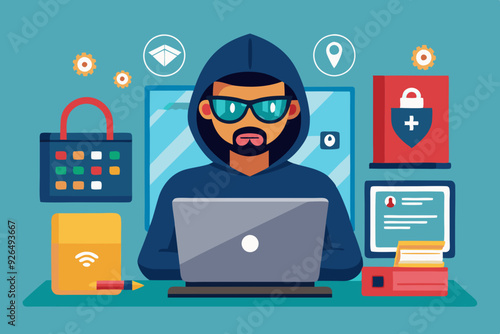 Internet fraud. Hacker behind a laptop monitor. Phishing and online surveillance. Identity theft and hacking of bank
