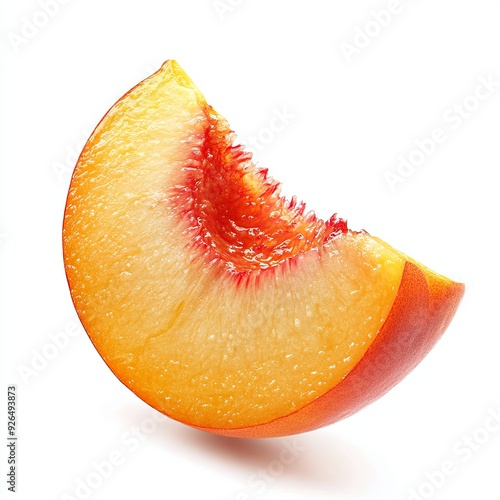 A juicy peach, sliced into wedges with the pit visible in one wedge, floating with a slight tilt, showing the velvety skin and juicy flesh, isolated on a white background
