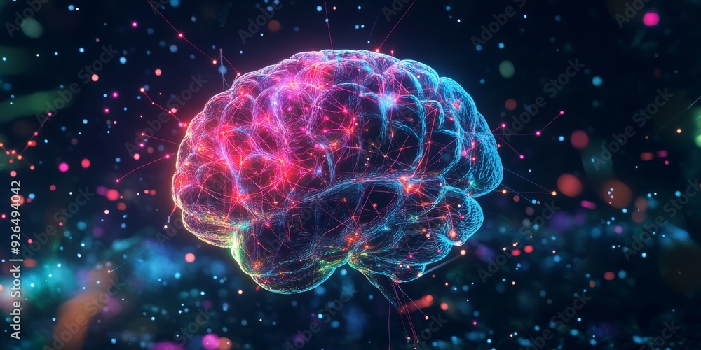 Digital visualization of a human brain with luminous, intricate neural connections in a high-tech environment. Digital visualization of a human brain with luminous, intricate neural connections in a high-tech environment.