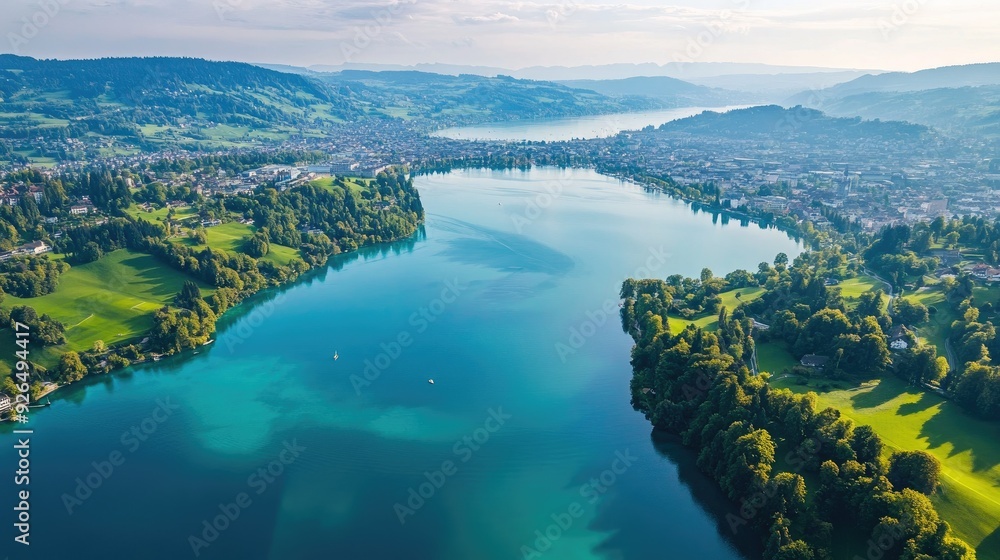 Overhead shot of the serene Lake Zurich, with its surrounding hills and the cityscape partially visible in the distance. Overhead shot of the serene Lake Zurich, with its surrounding hills and the cityscape partially visible in the distance.