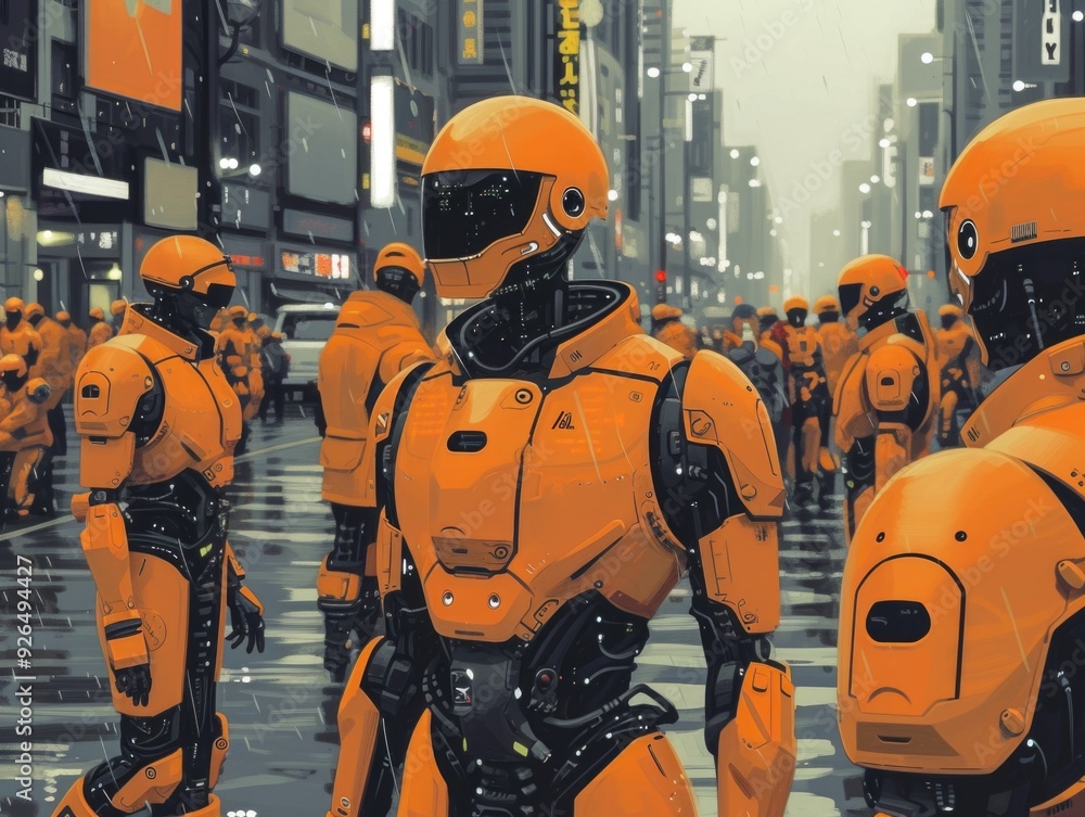 Fototapeta premium Gray-orange robots cyborgs on the city street. AI generative.