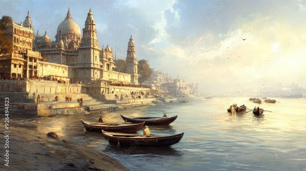Naklejka premium Peaceful scene of the Ganges River with boats anchored by the shore, temple spires visible in the background.