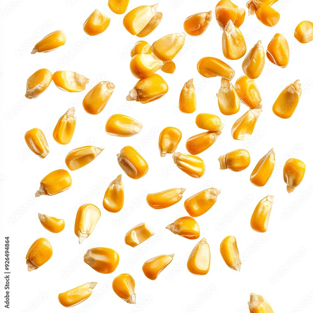 Bright yellow corn kernels, floating in mid-air with some kernels slightly separated, showing the vibrant color and fresh texture, isolated on a white background Bright yellow corn kernels, floating in mid-air with some kernels slightly separated, showing the vibrant color and fresh texture, isolated on a white background