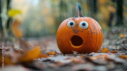 A pumpkin with a surprised face, looking hilariously startled. photo