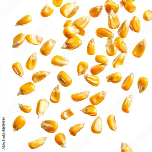 Bright yellow corn kernels, floating in mid-air with some kernels slightly separated, showing the vibrant color and fresh texture, isolated on a white background