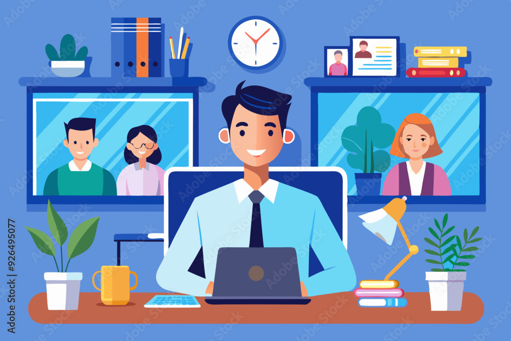 Video conference. Business communication with colleagues online. A man being at home communicates
Video conference. Business communication with colleagues online. A man being at home communicates