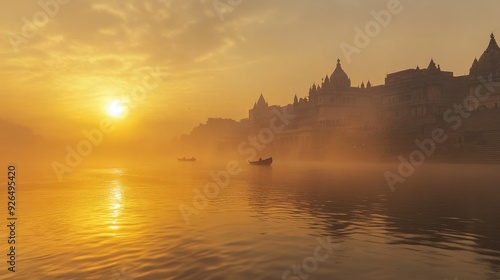 Serene view of the Ganges River at sunrise, with mist rising from the water and temples lining the distant banks.