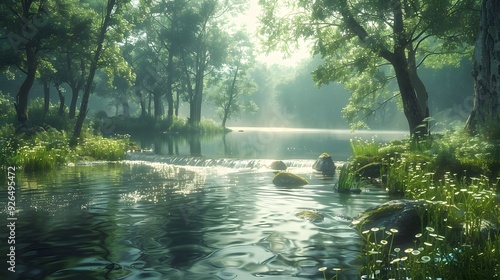 A serene river scene with John baptizing Jesus, clear water with gentle ripples, sunlight filtering through the trees, creating a divine effect, lush greenery around, realistic and detailed,