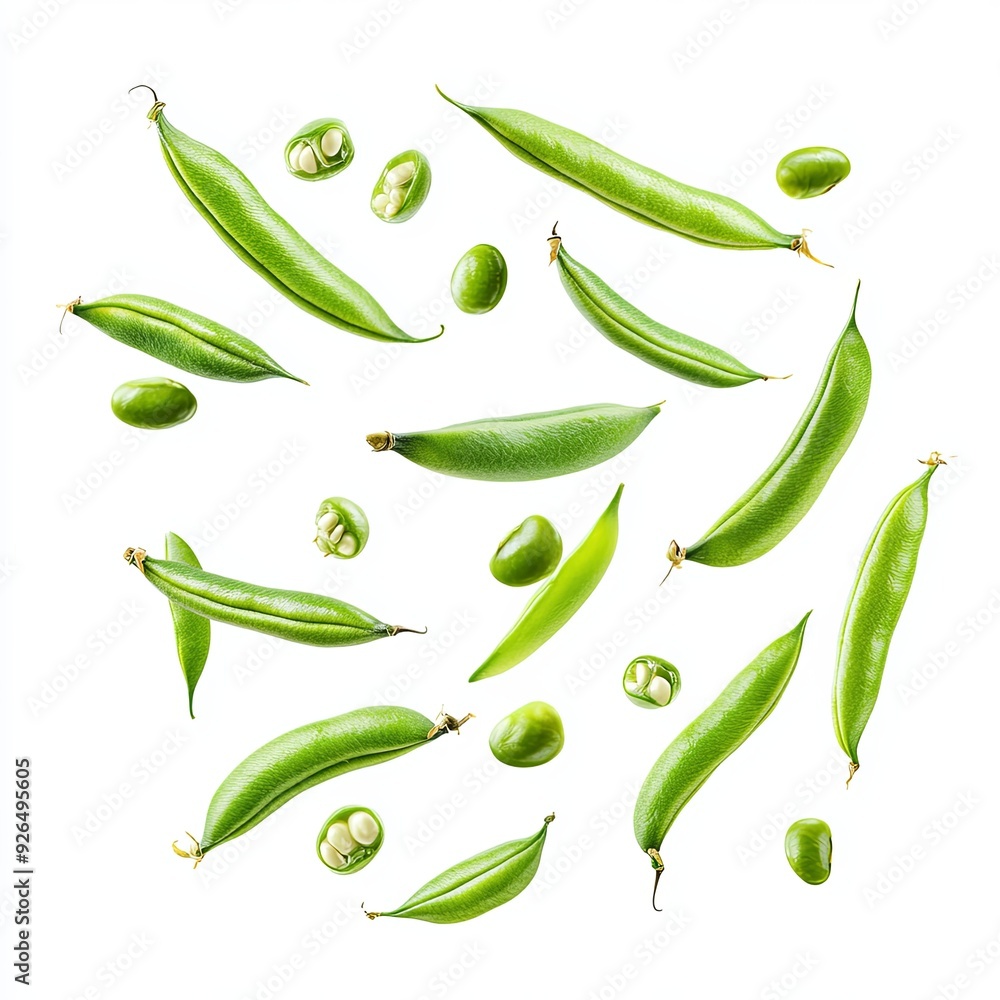 Fresh green beans, some whole and some sliced, floating in the air with a dynamic arrangement, showing the vibrant green color and seeds inside, isolated on a white background Fresh green beans, some whole and some sliced, floating in the air with a dynamic arrangement, showing the vibrant green color and seeds inside, isolated on a white background