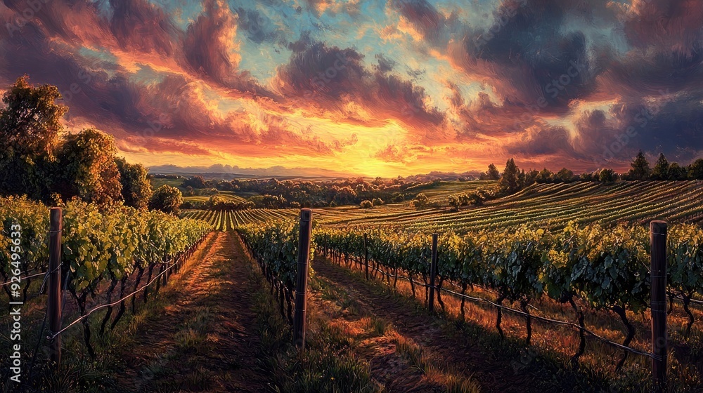 Fototapeta premium Stunning sunset over a peaceful vineyard, with the sky painted in warm hues and the rows of grapevines gently illuminated.