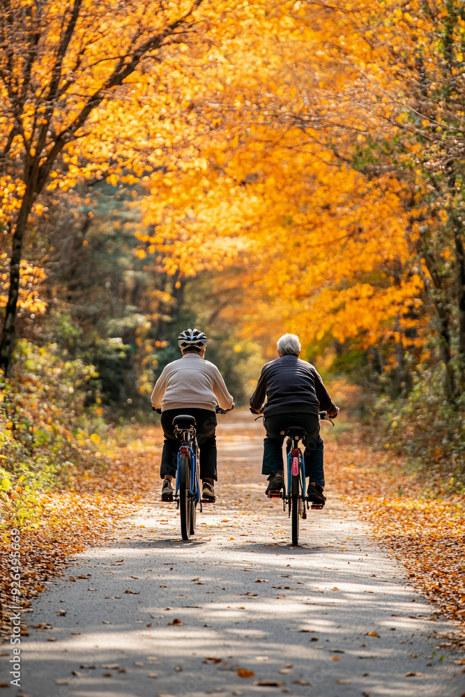 seniors cycling together on a scenic trail, helmets on, active and healthy. A picturesque path lined with autumn trees, golden leaves on the ground, and a clear sky above seniors cycling together on a scenic trail, helmets on, active and healthy. A picturesque path lined with autumn trees, golden leaves on the ground, and a clear sky above