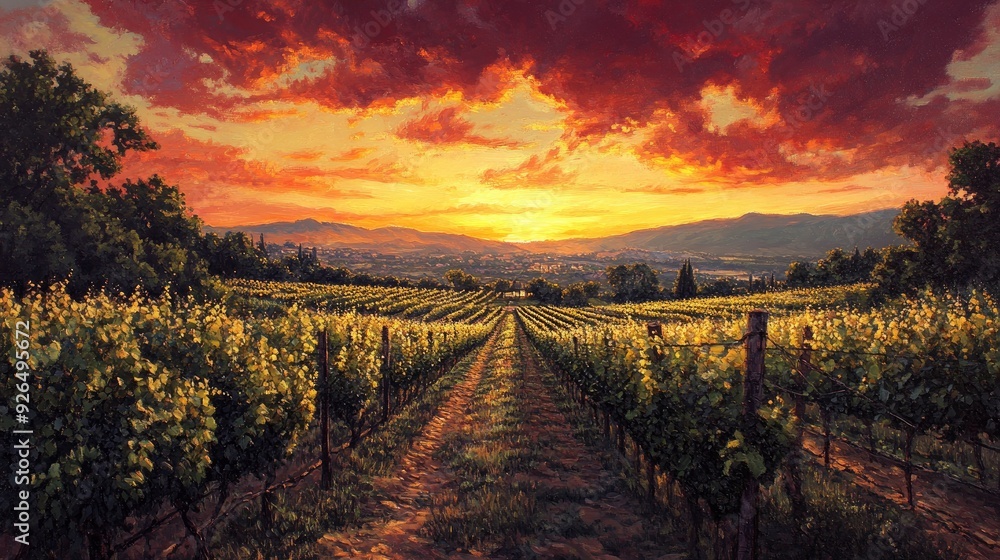 Stunning sunset over a peaceful vineyard, with the sky painted in warm hues and the rows of grapevines gently illuminated. Stunning sunset over a peaceful vineyard, with the sky painted in warm hues and the rows of grapevines gently illuminated.