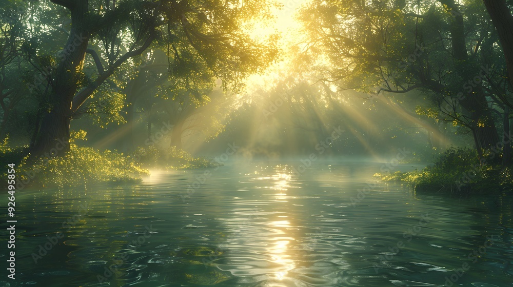 A serene river scene with John baptizing Jesus, pouring water over Jesus' head, the Holy Spirit descending as a dove, sunlight filtering through the trees, creating a divine effect, A serene river scene with John baptizing Jesus, pouring water over Jesus' head, the Holy Spirit descending as a dove, sunlight filtering through the trees, creating a divine effect,