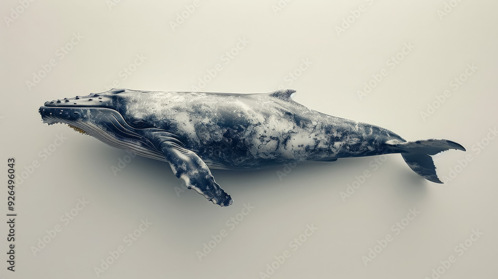 Obraz premium A whale is shown in a white background with a blue and white color scheme. The whale is large and has a unique pattern on its skin. Concept of awe and wonder at the beauty of nature