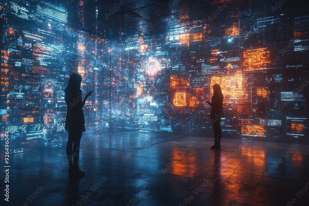 Image of a couple talking through digital avatars in a high-tech room filled with glowing displays and futuristic gadgets. The avatars appear lifelike, emphasizing the emotional connection despite Image of a couple talking through digital avatars in a high-tech room filled with glowing displays and futuristic gadgets. The avatars appear lifelike, emphasizing the emotional connection despite
