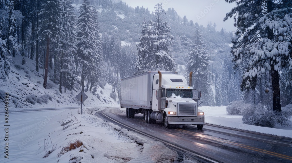 A large truck carefully maneuvers through a serene winter landscape, surrounded by snow-laden trees and majestic mountains A large truck carefully maneuvers through a serene winter landscape, surrounded by snow-laden trees and majestic mountains