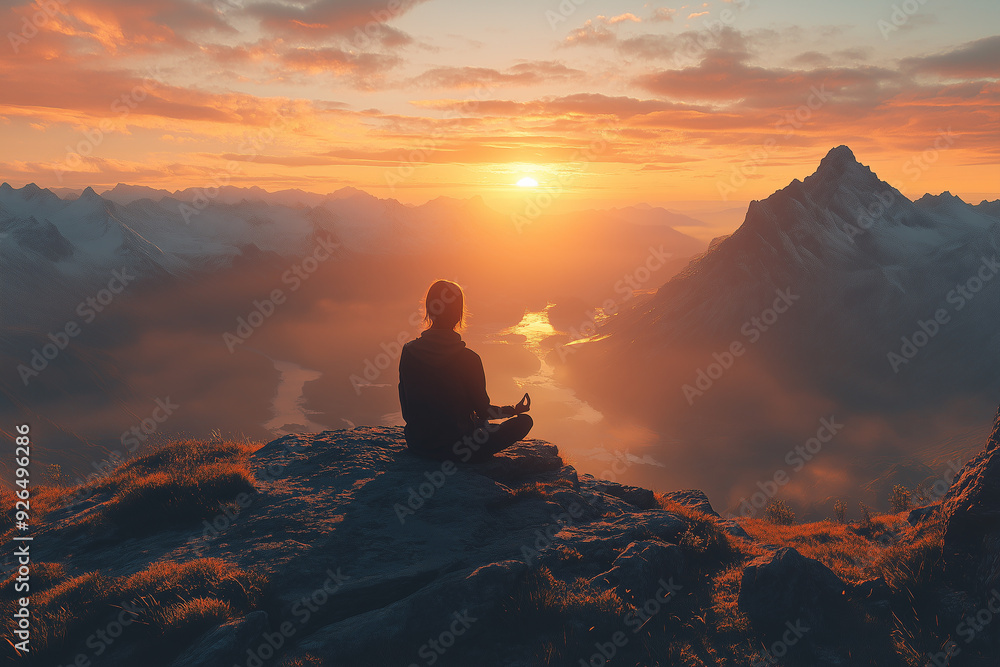 Person meditating on a mountain top at sunrise Person meditating on a mountain top at sunrise