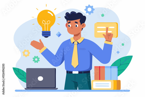 Concept of a great idea. Man shows gesture. Solution of the problem. Vector illustration
