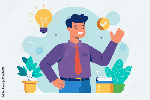 Concept of a great idea. Man shows gesture. Solution of the problem. Vector illustration
