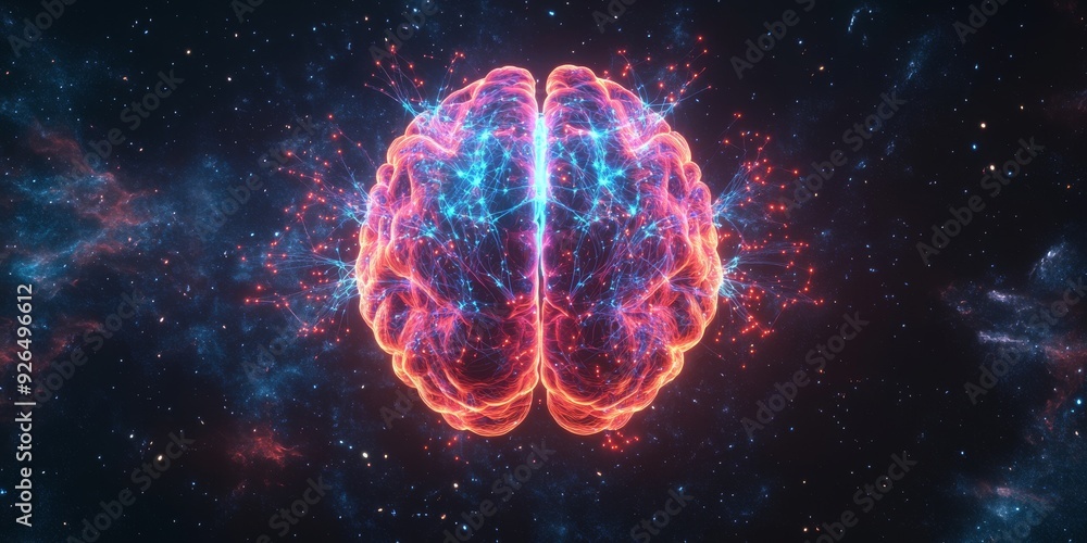 Futuristic glowing brain with electric neural pathways in a vibrant cosmic landscape, symbolizing advanced intelligence Futuristic glowing brain with electric neural pathways in a vibrant cosmic landscape, symbolizing advanced intelligence