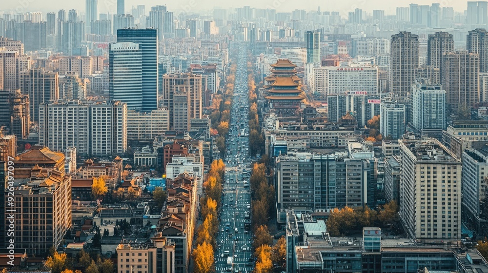 Obraz premium Top-down view of the bustling cityscape of Beijing, with its mix of historic landmarks and modern buildings.