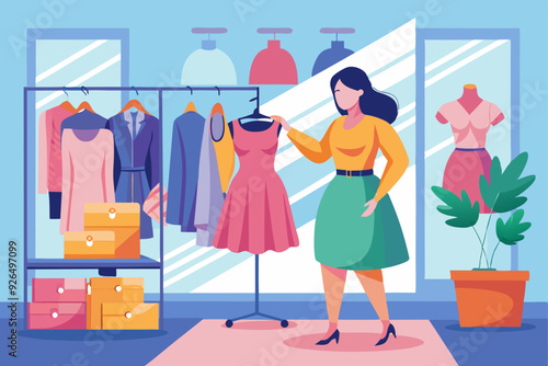 Women's shopping. The girl is trying on a new dress in the store
