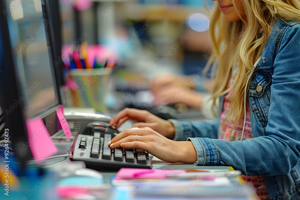 Workplace Productivity: Hands Typing on Keyboard in a Busy Office Setting Workplace Productivity: Hands Typing on Keyboard in a Busy Office Setting