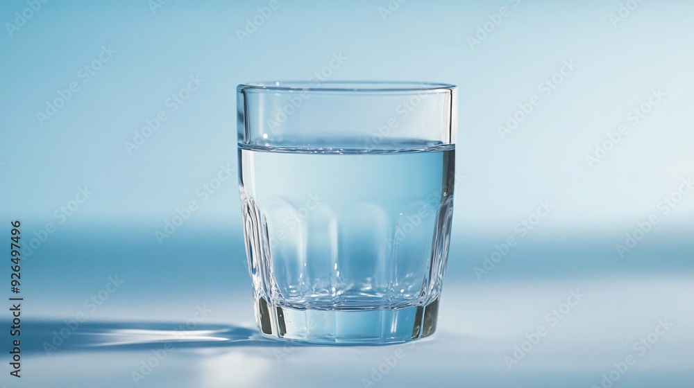 A clear glass filled with cold, blue-tinted water and ice, isolated against a clean, white background with bubbles, symbolizing freshness, purity, and health A clear glass filled with cold, blue-tinted water and ice, isolated against a clean, white background with bubbles, symbolizing freshness, purity, and health