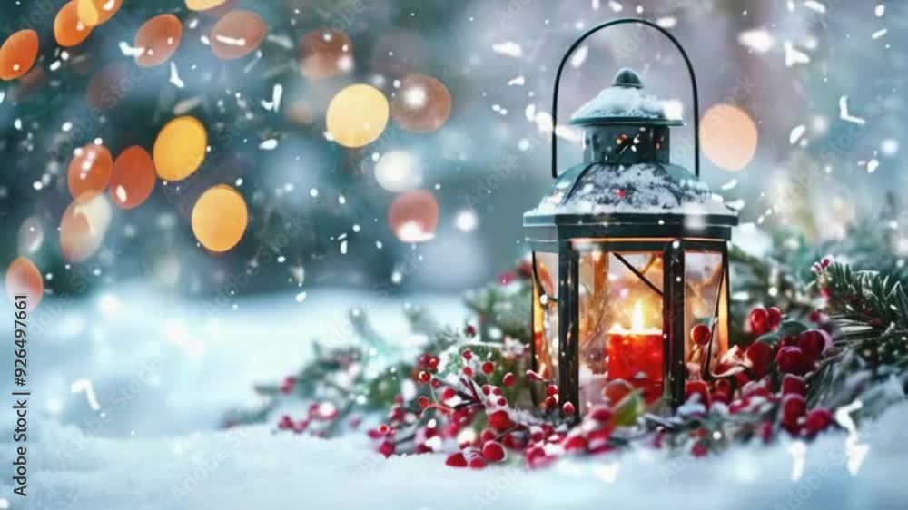 Cute Christmas Scene: Lantern, Snowfall, and Red Berries in a Winter Wonderland Cute Christmas Scene: Lantern, Snowfall, and Red Berries in a Winter Wonderland