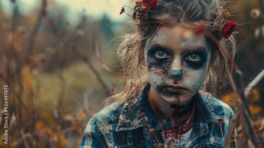 A teenager in a creative DIY zombie costume, with makeup and props. A teenager in a creative DIY zombie costume, with makeup and props.