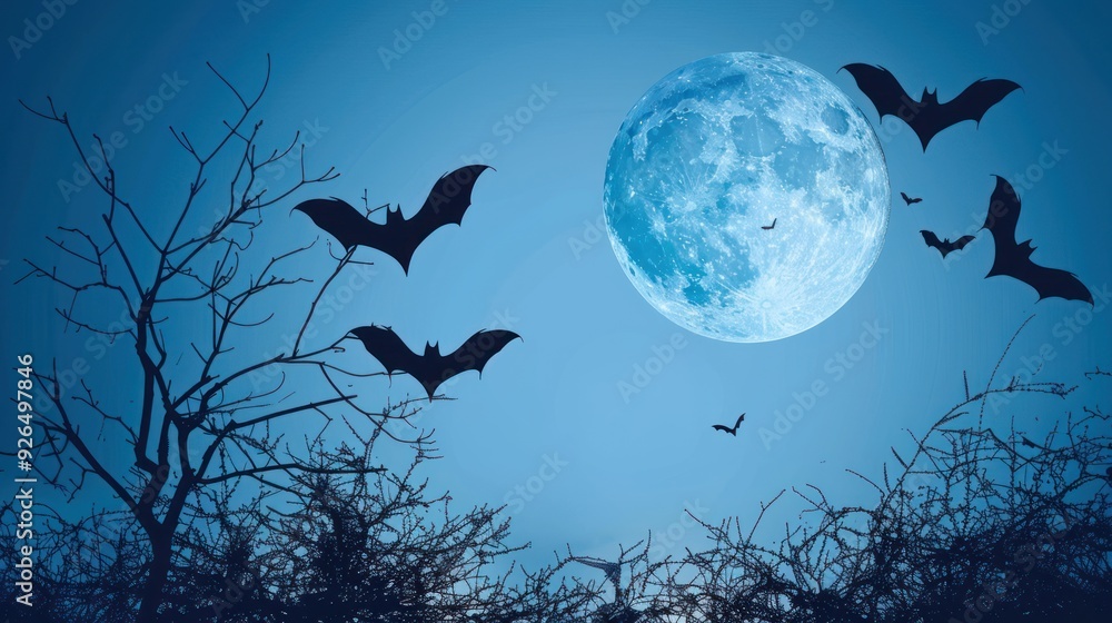 A twilight blue sky with silhouettes of bats and a glowing moon. A twilight blue sky with silhouettes of bats and a glowing moon.