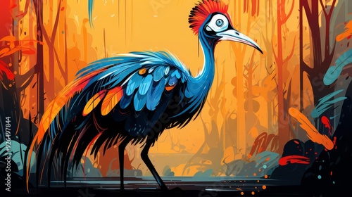 A cassowary kicking powerfully flat design side view rainforest theme cartoon drawing vivid photo