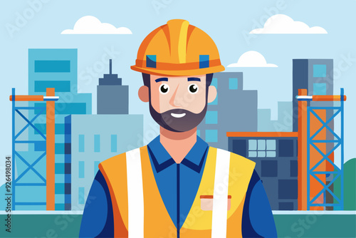An engineer man wearing a hard hat and a protective vest. Foreman at the construction site

