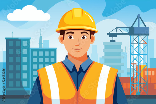 An engineer man wearing a hard hat and a protective vest. Foreman at the construction site
